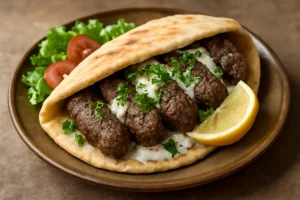 Friss, fűszeres marhahús kebab pita belsejében
