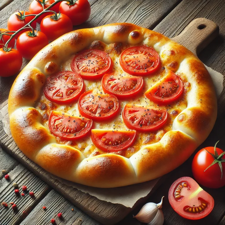 Khachapuri paradicsommal, friss, aranybarna sajtos lepények paradicsomkarikákkal
