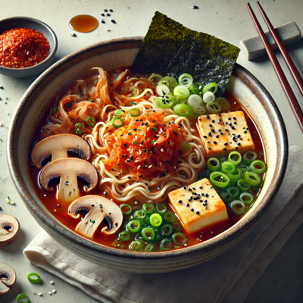 Pikáns koreai stílusú ramen tofuval és kimchivel