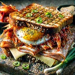 Kimchi szendvics füstölt pulykasonkával, cheddar sajttal, tojással és zöldhagymával tálalva