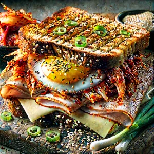 Fűszeres kimchi szendvics tojással és sajttal