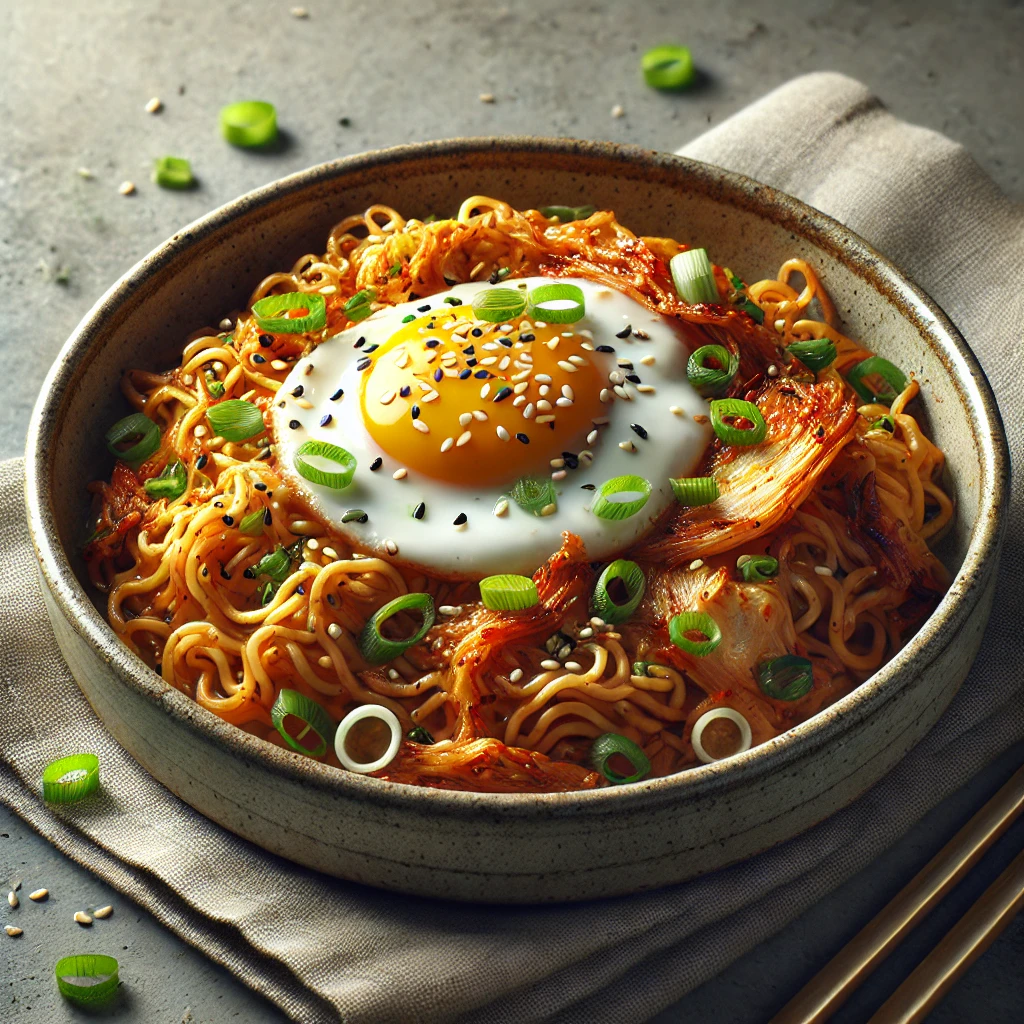 Fűszeres kimchi tészta tojással és friss zöldhagymával