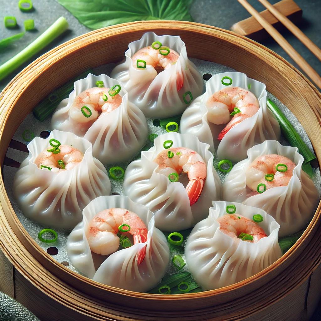 KÃ­nai gÅzÃ¶lt har gow garnÃ©lÃ¡s tÃ¶ltelÃ©kkel, dim sum stÃ­lusban