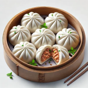 Puha baozi tészta fűszeres darált sertéshússal töltve, gőzölve tálalva