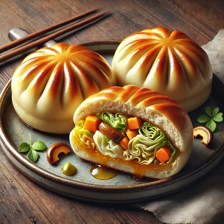 Kínai sült zöldséges baozi ropogós aljú tésztával, zöldséges töltelékkel tálalva