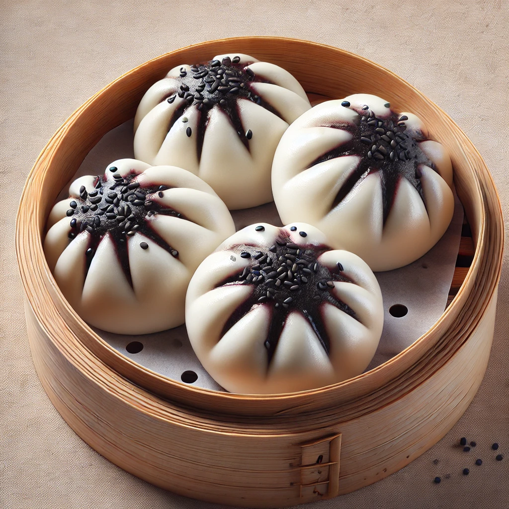 Baozi desszert szezámos-mogyorós töltelékkel, puha gőzölt tésztában