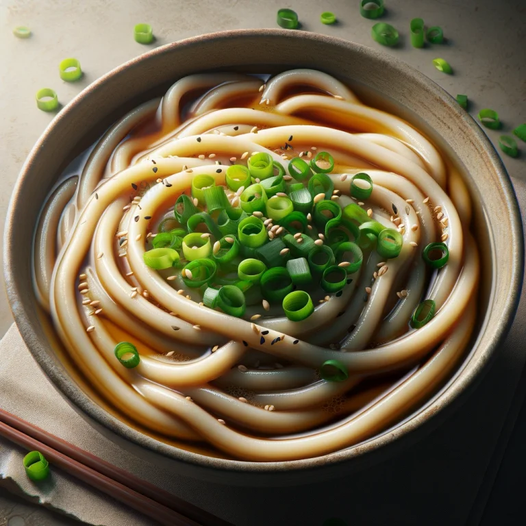 Kishimen udon tálban tálalt lapos udon tészta gazdag dashi alaplében, friss zöldhagymával és szezámmaggal díszítve