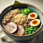 Kitakata ramen áttetsző alaplével és vastag tésztával tálalva
