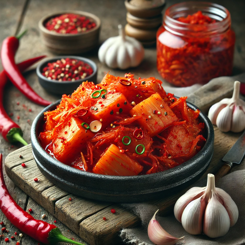 Kockázott retek kimchi fűszeres pasztával