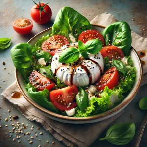 Friss és tápláló burrata saláta, olívaolajjal és balzsamecettel.