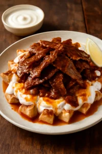 Iskender kebab joghurtos szószban, pirított pitával tálalva