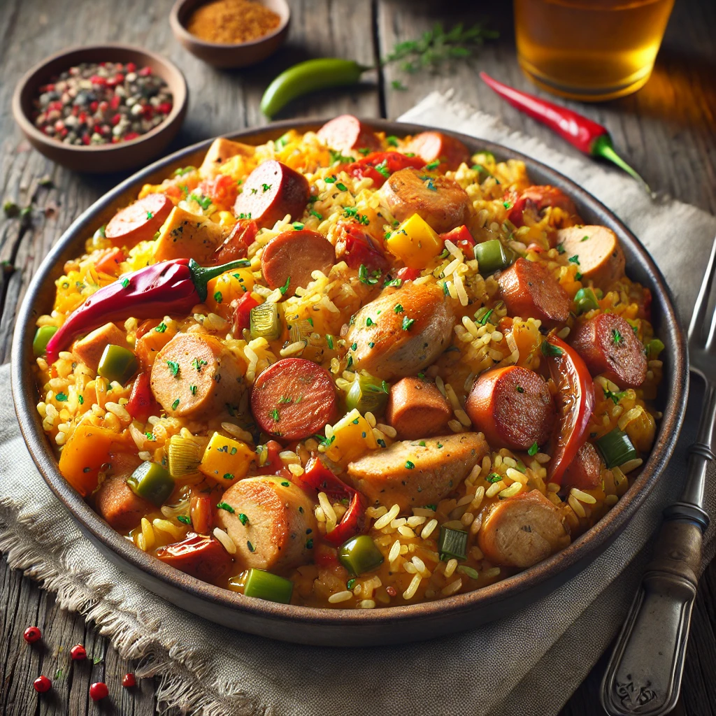 Finom fűszeres Jambalaya, csirkével és kolbásszal, gazdag ízvilággal