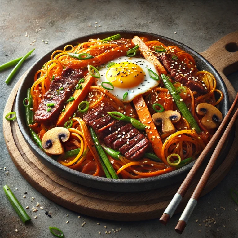 Japchae tálalva, édesburgonya tésztával, marhahússal és zöldségekkel