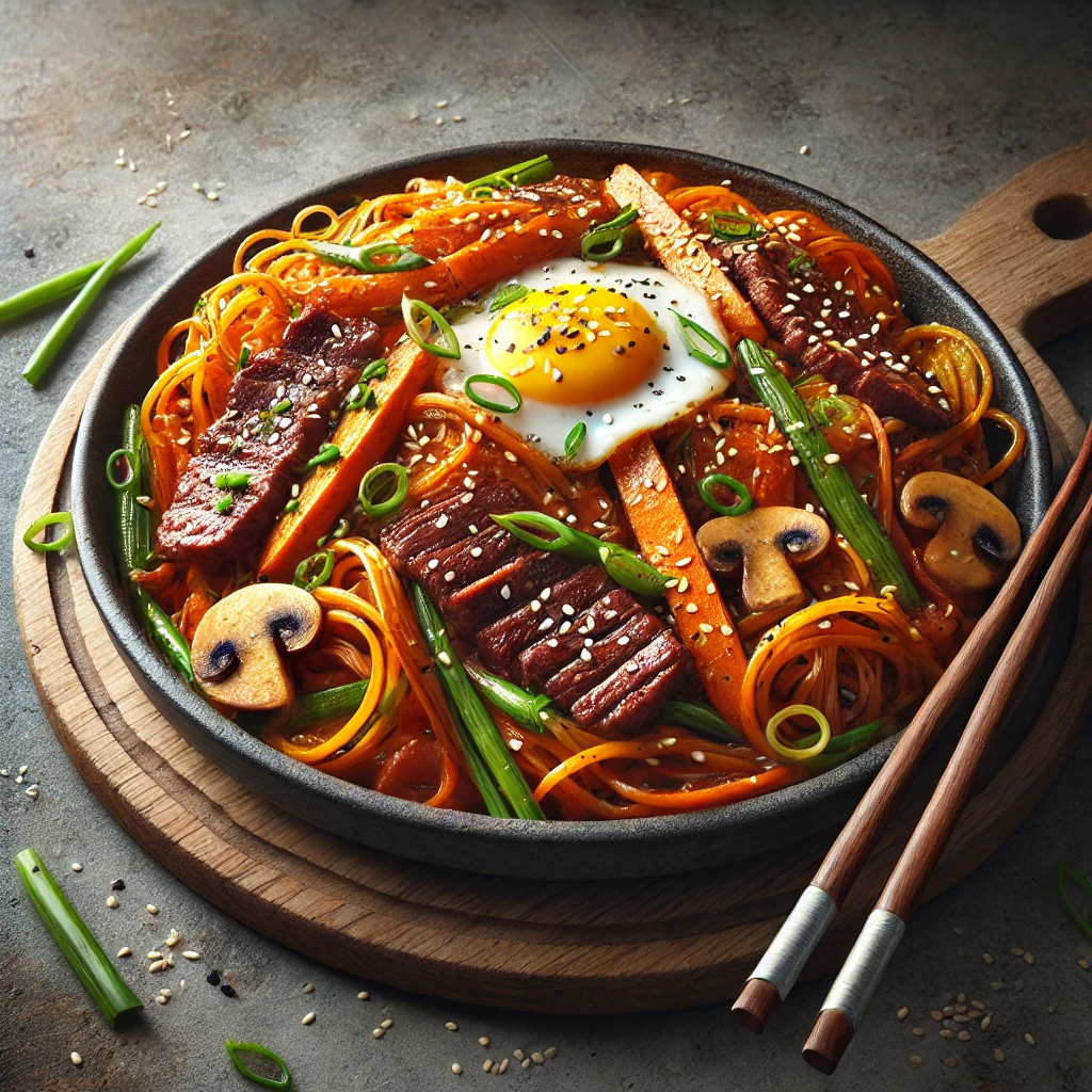 Japchae koreai édesburgonya tésztával