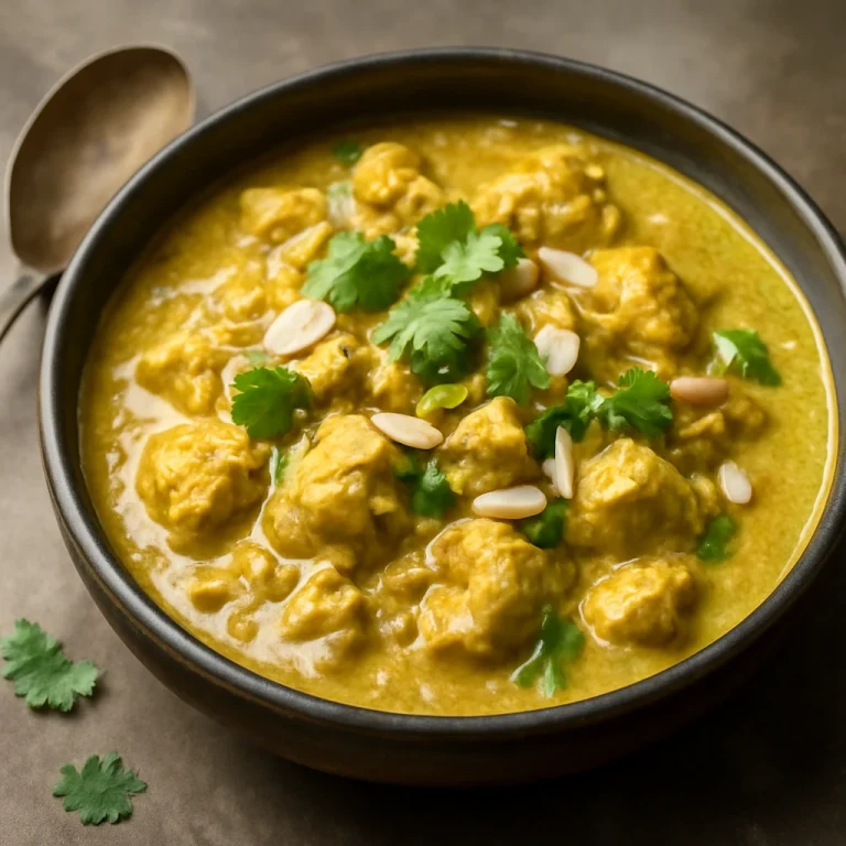 Klasszikus Korma gazdag, krémes szószban tálalva, friss korianderrel díszítve.