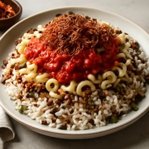 Koshari rizs, lencse és makaróni paradicsomos szószban