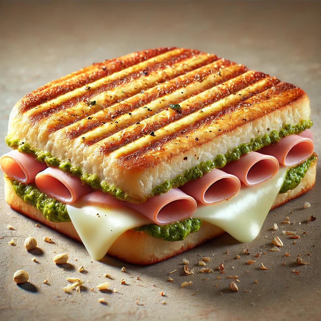 Finom és ropogós panini, sonkával, mozzarellával és pesto szósszal