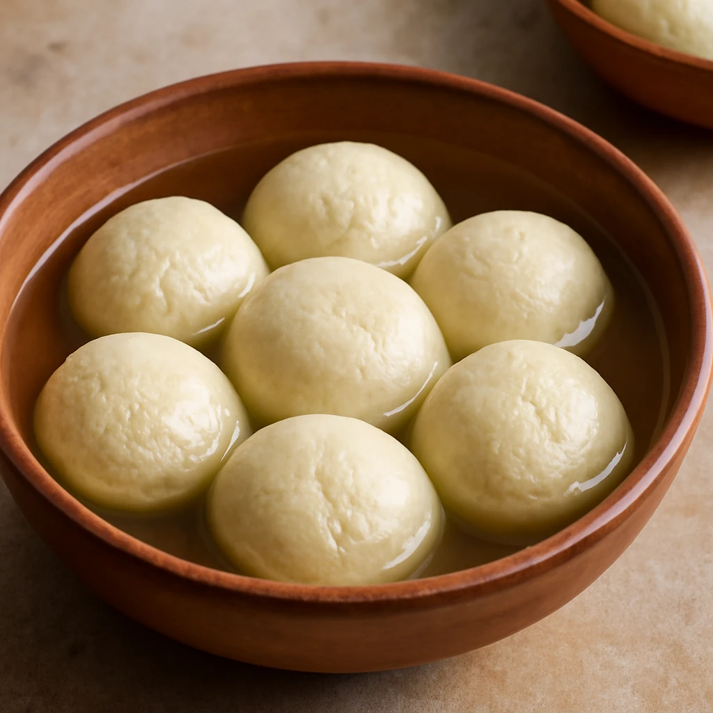 Finom indiai Rasgulla, cukros szirupban tálalva