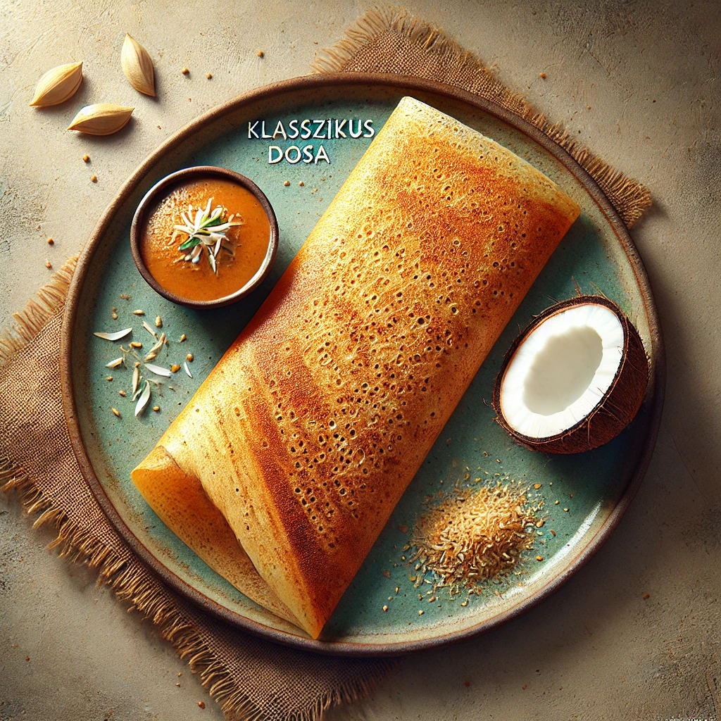 Ropogós dosa, indiai fűszerekkel tálalva