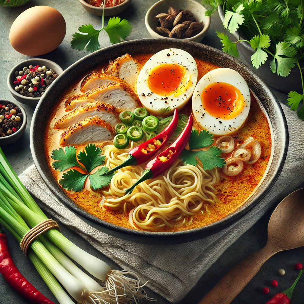 Fűszeres laksa, tészta és csirke, ropogós zöldségekkel tálalva