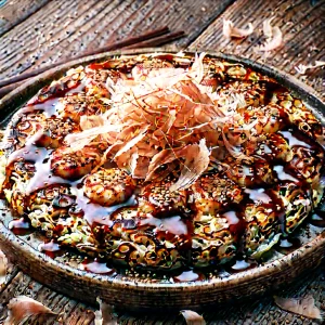 Párolt okonomiyaki szósszal tálalva