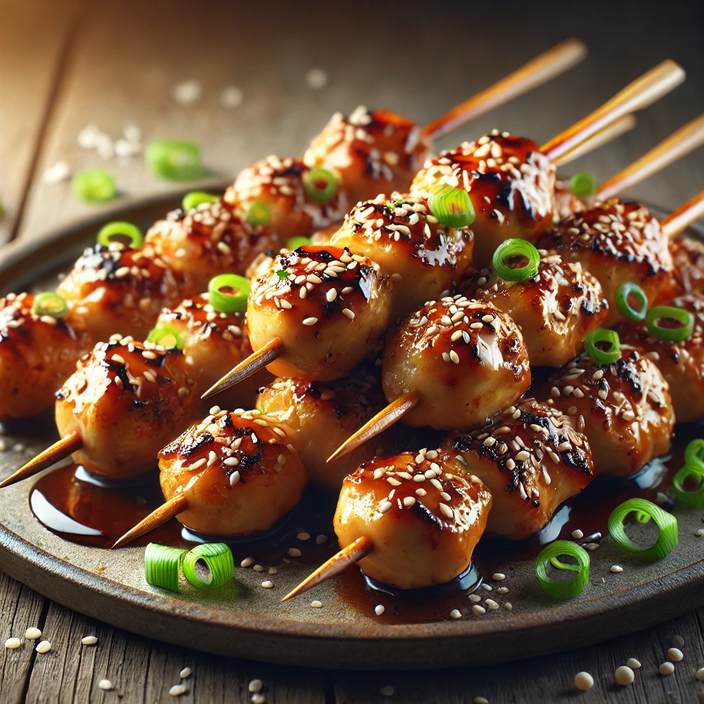 Grillezett yakitori csirke pálcikán, szezámmaggal és zöldhagymával