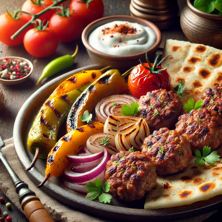 Köfte kebab grillezett húsgolyók lapos kenyérrel, grillezett zöldségekkel és joghurtos szósszal