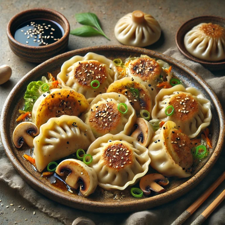 Koreai gombás mandu tofuval és zöldségekkel tálalva