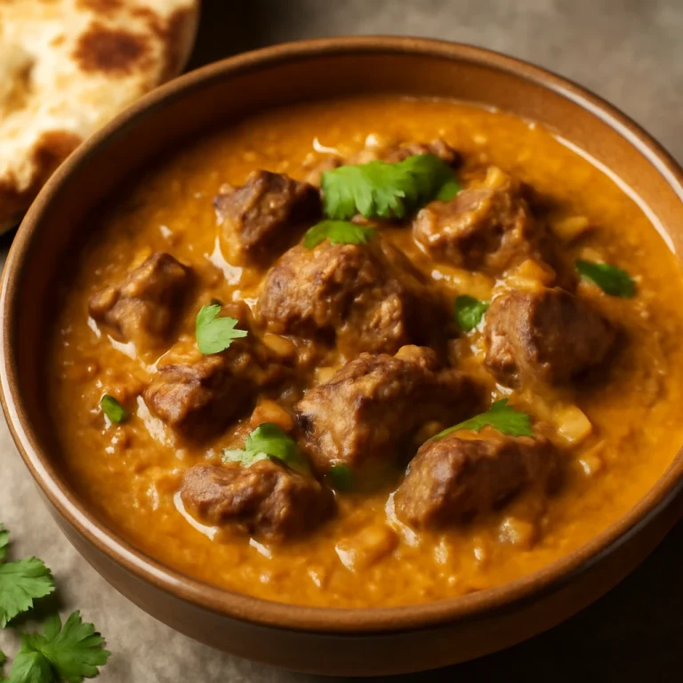 Korma kecskehússal gazdag, krémes szószban tálalva, friss korianderrel díszítve.
