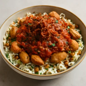 Koshari rizs, lencse, makaróni és csirke paradicsomos szószban
