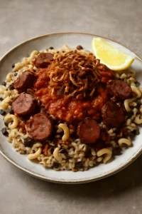 Koshari rizs, lencse és makaróni paradicsomos szószban, füstölt hússal