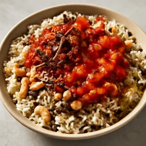 Koshari rizs, lencse és makaróni fűszeres olívaolajjal és paradicsomos szószban