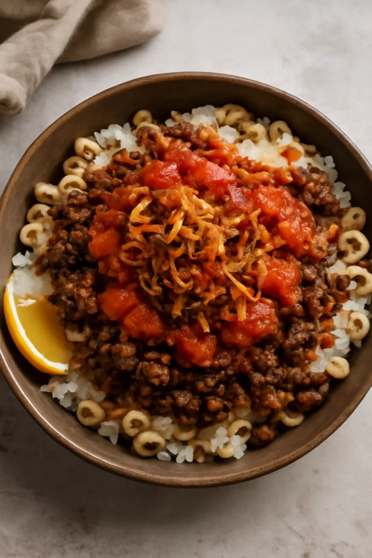 Koshari marhahússal, egyiptomi étel rizsből, lencséből és makaróniból, gazdag paradicsomos szószban