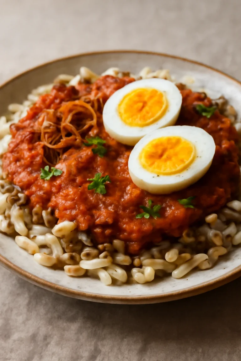 Koshari tojással, egyiptomi étel rizsből, lencséből és makaróniból, gazdag paradicsomos szószban