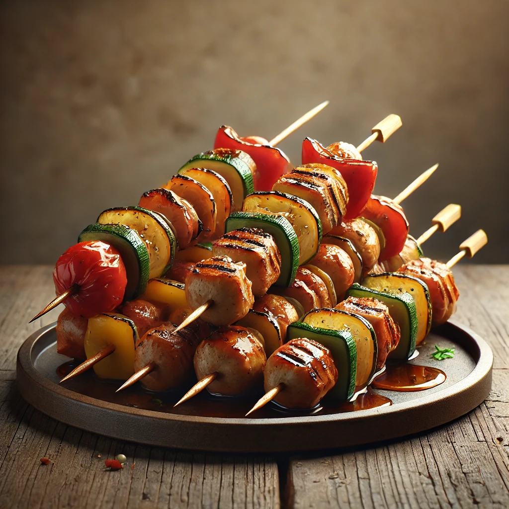 Grillezett vegyes nyárs zöldségekkel és hússal, szezámmaggal