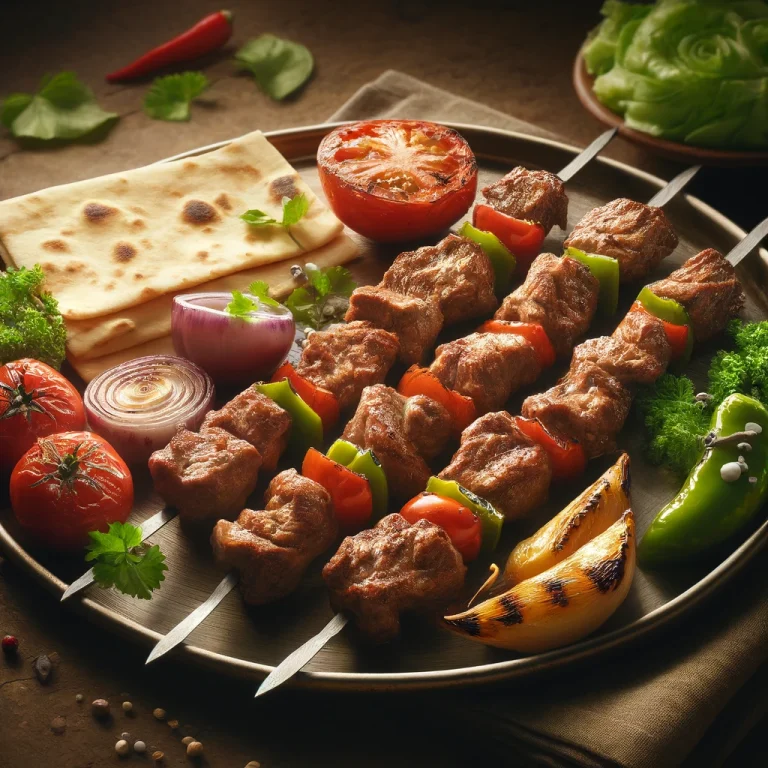 Kuzu Şiş bárányhús nyárs grillezett zöldségekkel és lapos kenyérrel tálalva