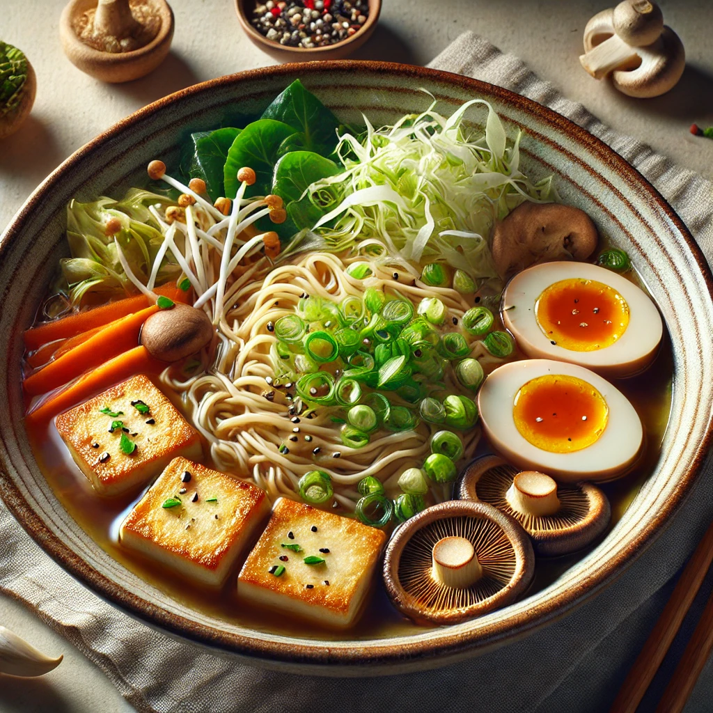 Lágy japán ramen zöldséges alapléből, tofuval, shiitake gombával és tojással