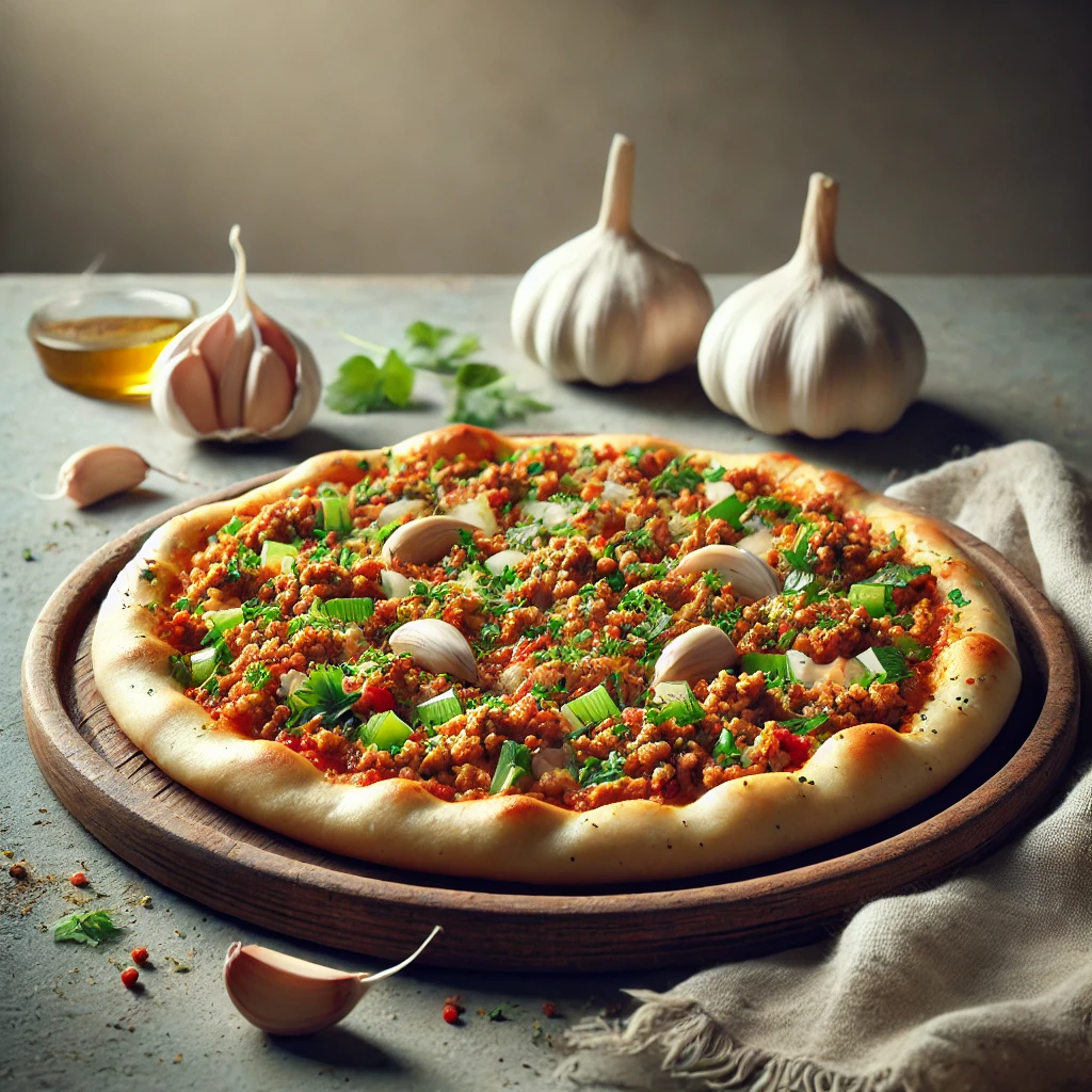 Friss Lahmacun házilag, fokhagymás fűszeres húsos töltelékkel