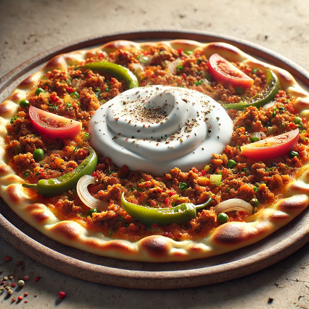 Friss Lahmacun házilag, joghurttal és fűszeres húsos töltelékkel