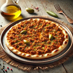 Friss Lahmacun házilag, olívaolajjal és fűszeres húsos töltelékkel