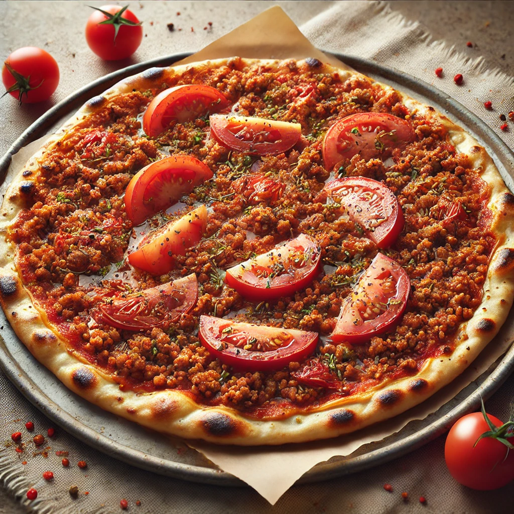 Friss Lahmacun házilag, paradicsommal és fűszeres húsos töltelékkel