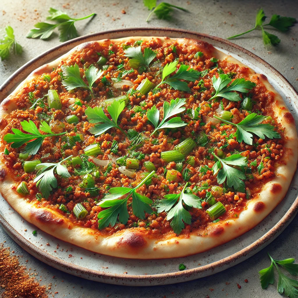 Friss Lahmacun házilag, petrezselyemmel és fűszeres húsos töltelékkel