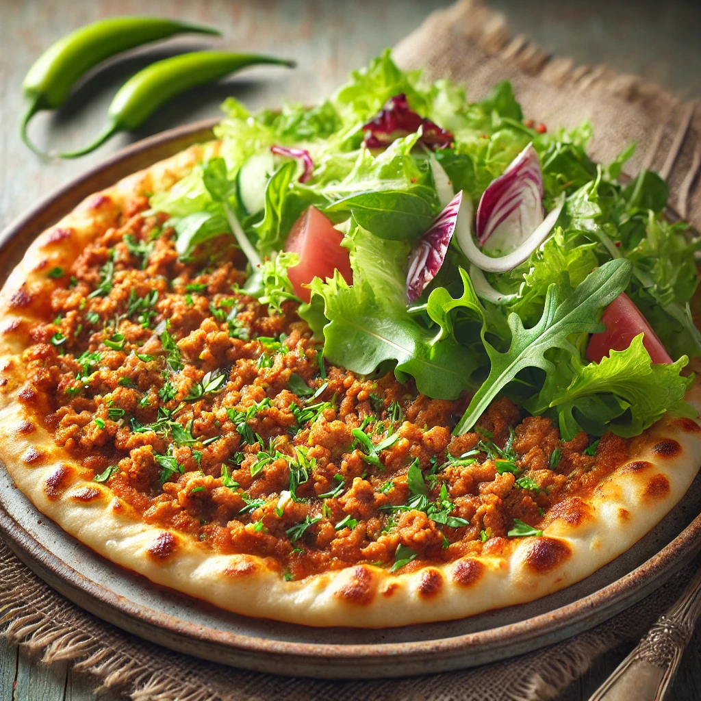 Friss Lahmacun házilag, salátával és fűszeres húsos töltelékkel