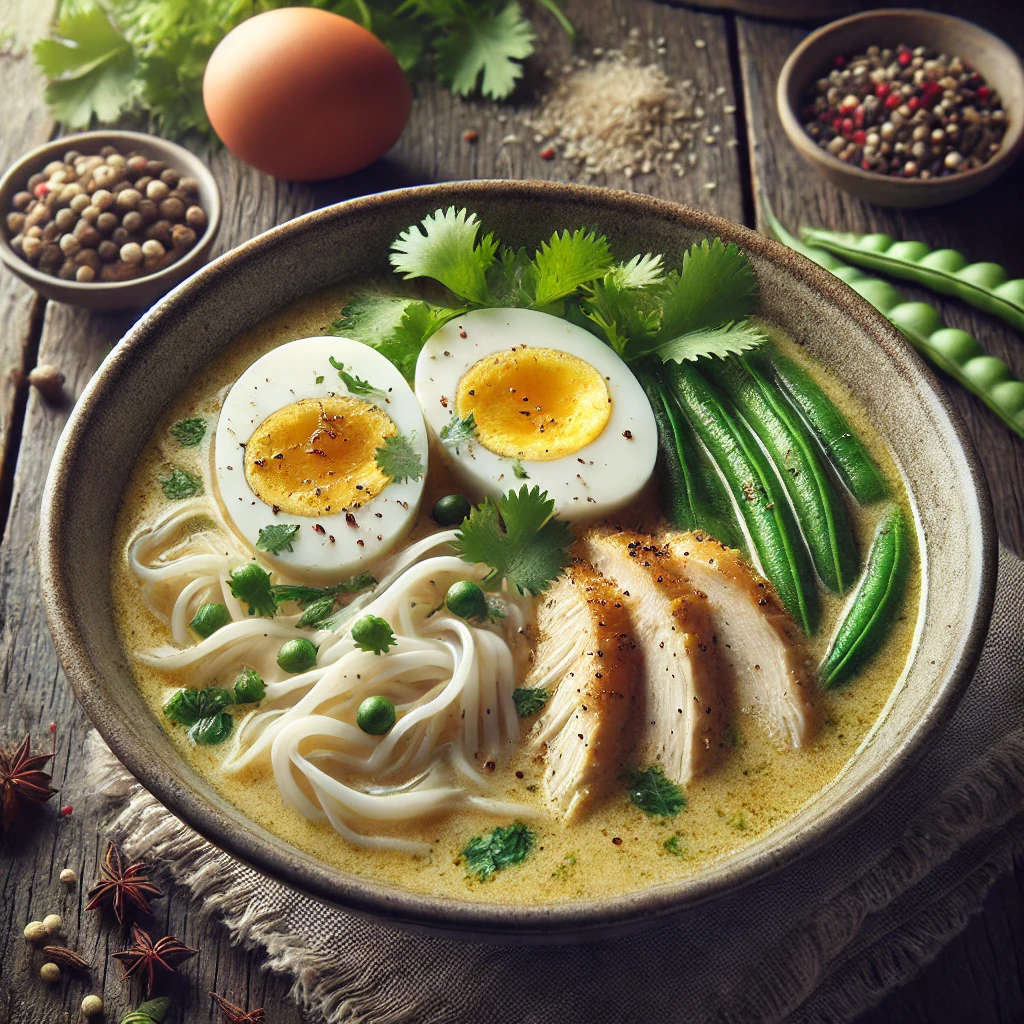 Friss, fűszeres laksa leves csirke és rizstészta