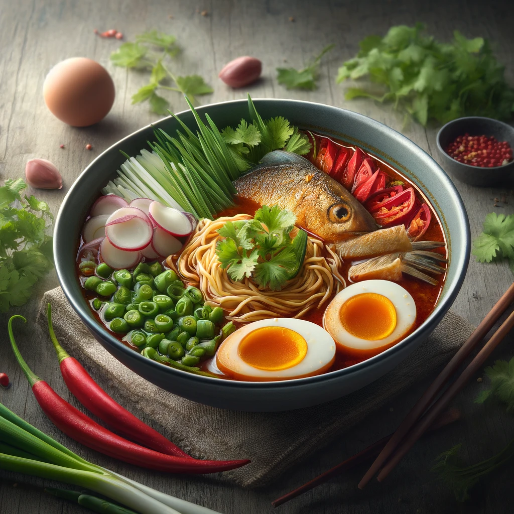 Tamarindos laksa, tészta és halhús, ropogós zöldségekkel tálalva