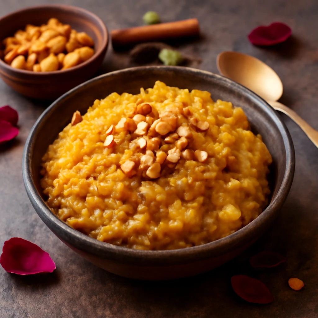 Indiai édesség Lauki ka Halwa készítése pörkölt dióval és rózsavízzel