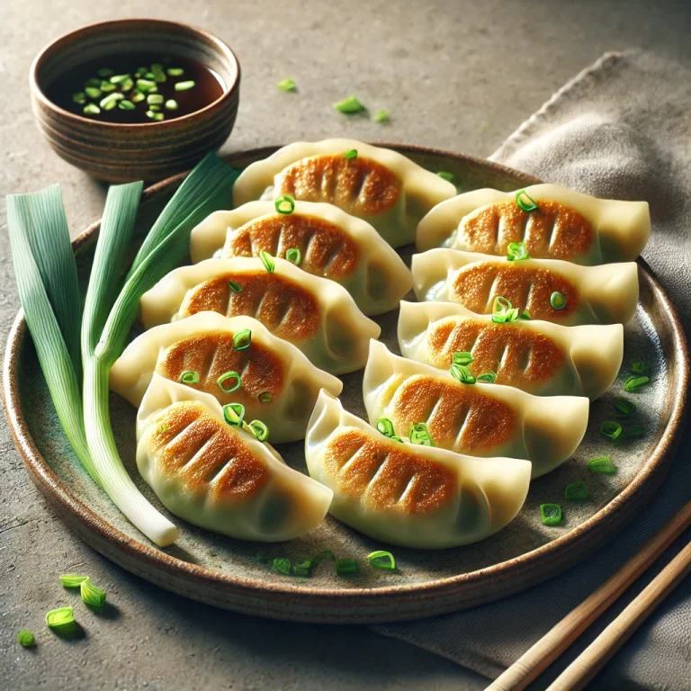 Póréhagymás gyoza ropogós aljú darabok szójaszószos mártogatóval tálalva