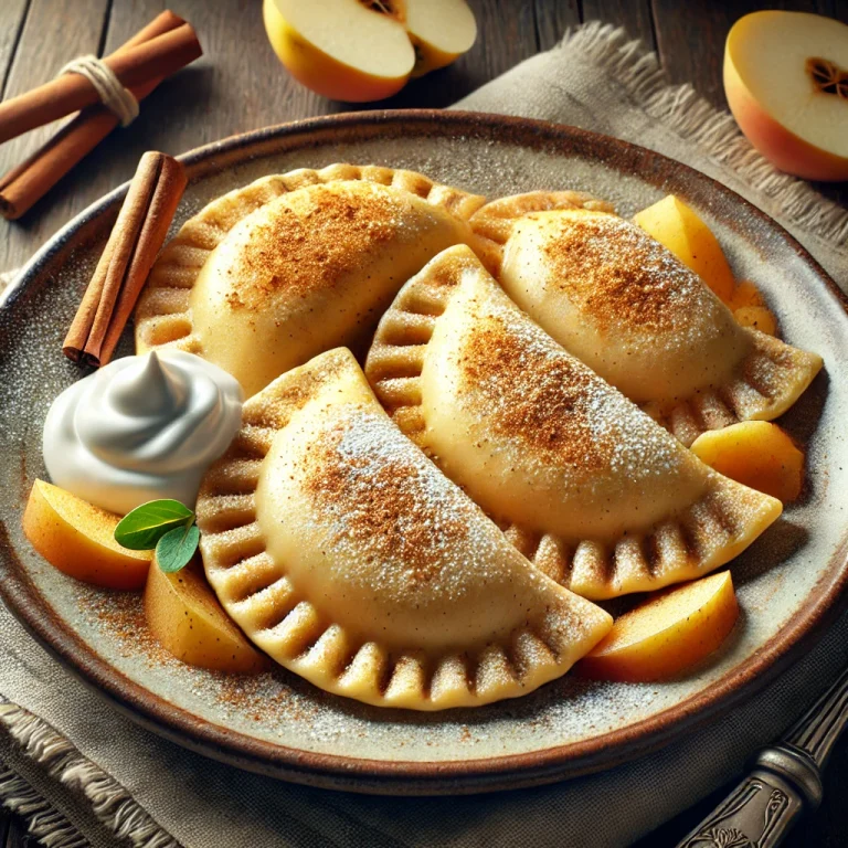 Lengyel almás-fahéjas pierogi porcukorral és tejföllel tálalva