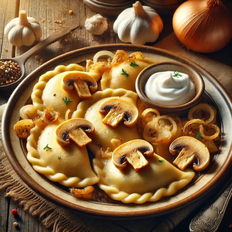 Lengyel gombás pierogi tejföllel tálalva