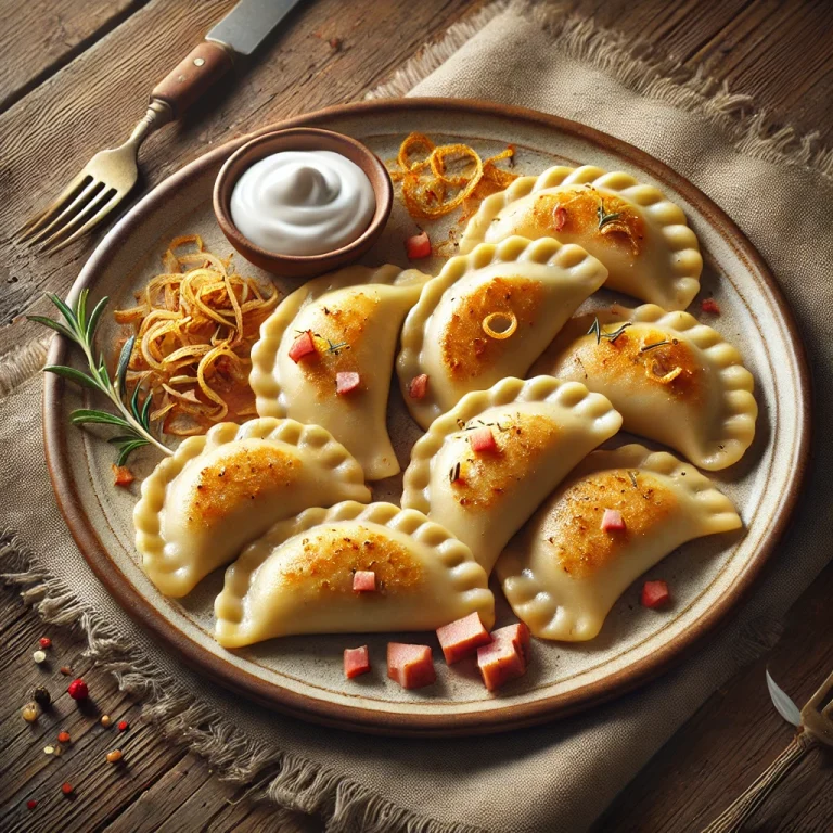 Lengyel sonkás pierogi tejföllel és pirított hagymával tálalva